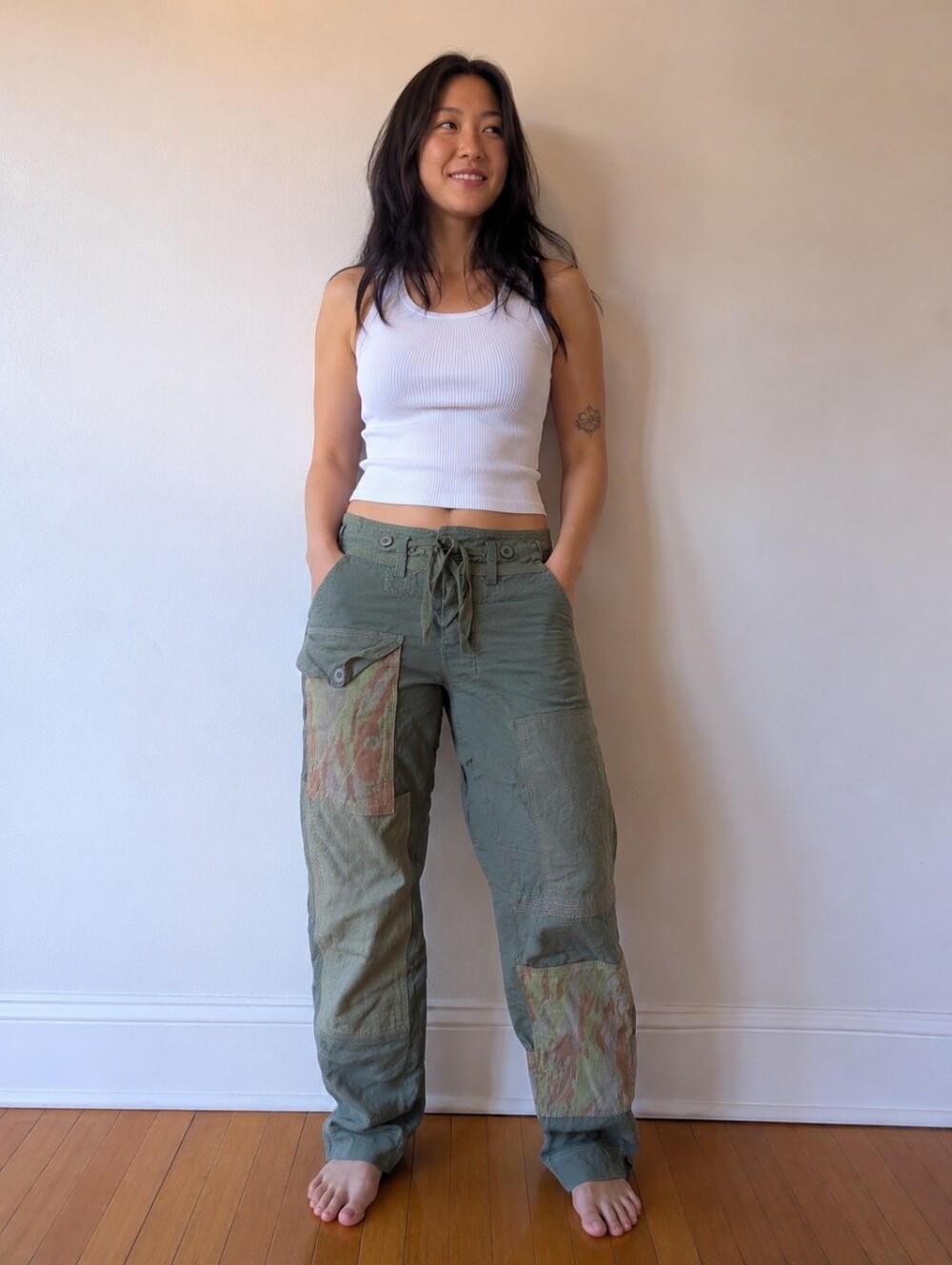 Free People Kantha Patchwork Cargo Pants Olive Green Sz XS Boho Festival Utility
